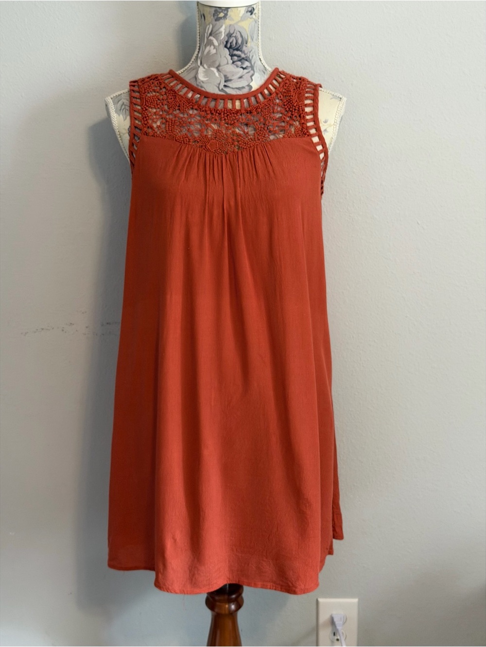ALTER’D STATE Crochet Lace Swing Mini Dress Rust Orange Size Medium Summer Boho